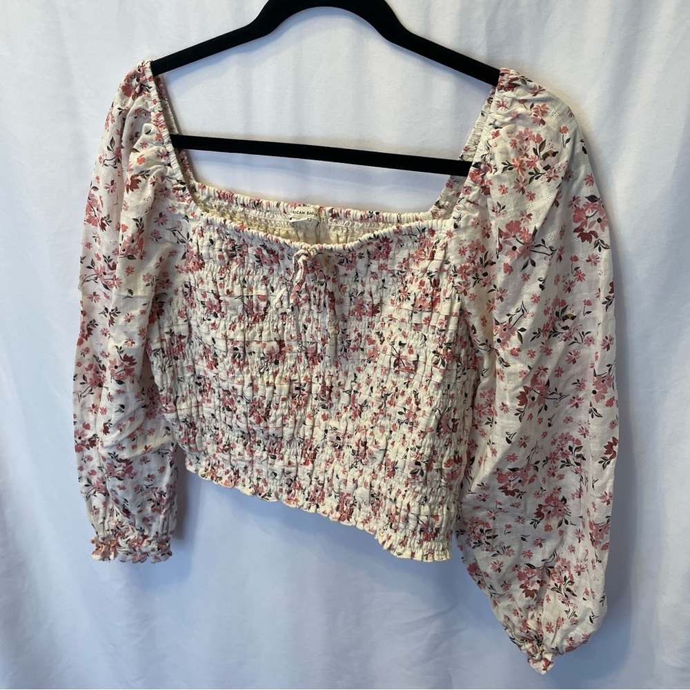 American Eagle Size XL Cropped Pink Beige Floral Long Sleeve Puffy Sleeve Blouse - Picture 2 of 13